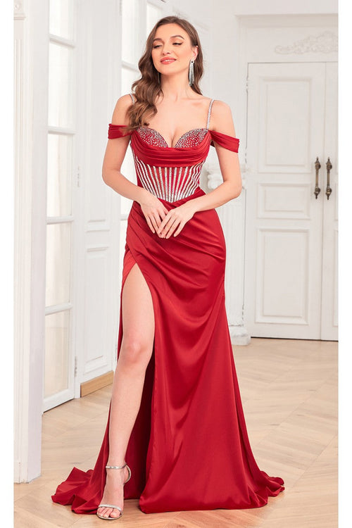 High Couture MJ1001 Beaded Slit Long Formal Corset Prom Dress