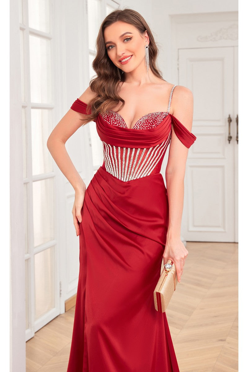 High Couture MJ1001 Beaded Slit Long Formal Corset Prom Dress