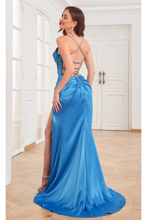 High Couture MJ1002 Prom Fitted Slit Corset Formal Beaded Dress