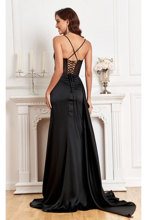 High Couture MJ1003 Fitted Corset Long Formal Slit Prom Dress