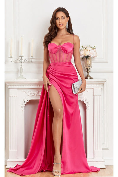 High Couture MJ1003 Fitted Corset Long Formal Slit Prom Dress