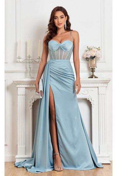 Prom Dresses Fitted Corset Long Formal Slit Prom Dress Smoky Blue