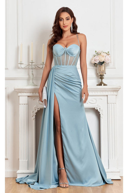 Prom Dresses Fitted Corset Long Formal Slit Prom Dress Smoky Blue