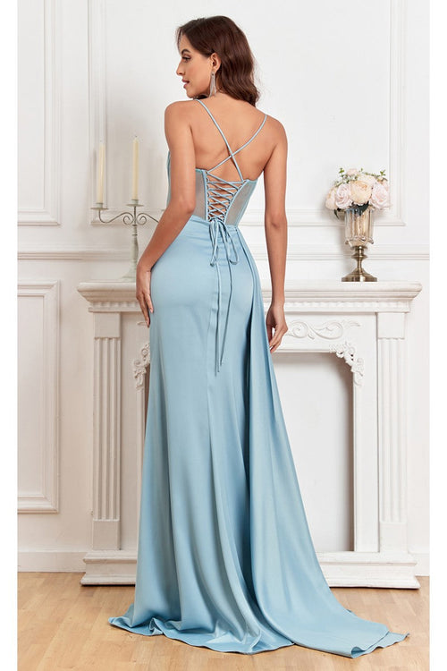 High Couture MJ1003 Fitted Corset Long Formal Slit Prom Dress