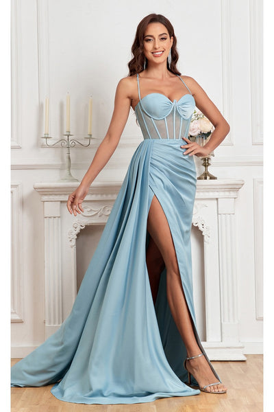 High Couture MJ1003 Fitted Corset Long Formal Slit Prom Dress