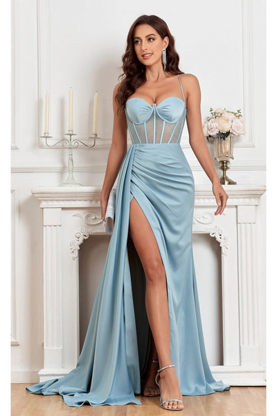 High Couture MJ1003 Fitted Corset Long Formal Slit Prom Dress