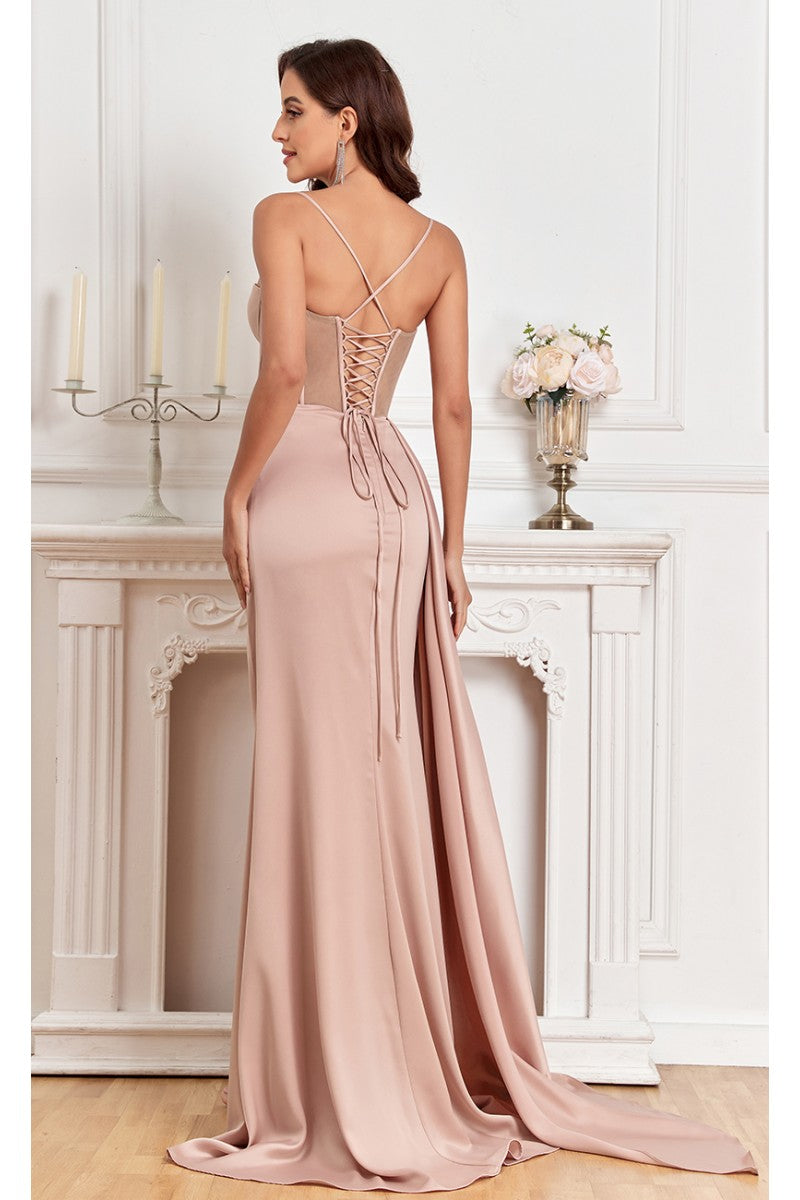 High Couture MJ1003 Fitted Corset Long Formal Slit Prom Dress