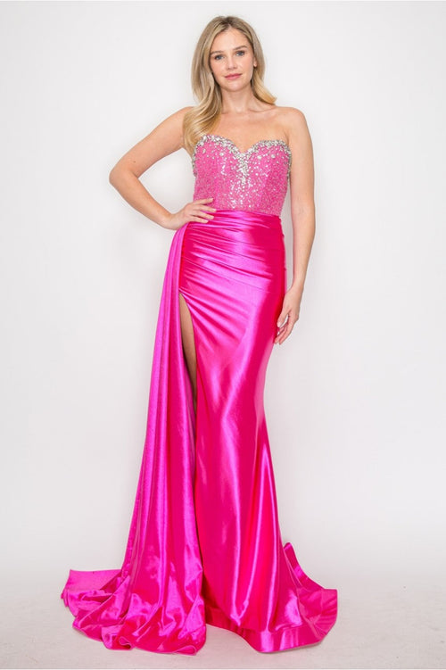 Prom Dresses Long Formal Beaded Corset Prom Gown Fuchsia