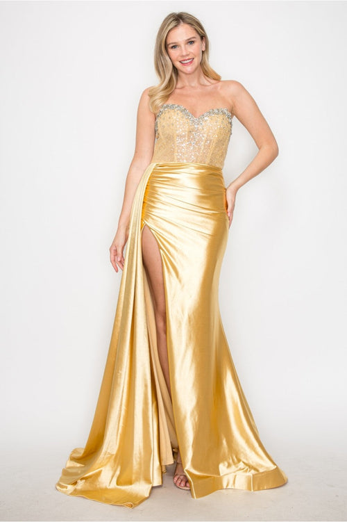 High Couture MJ1004 Long Formal Beaded Corset Prom Gown