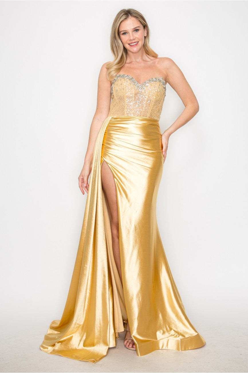 High Couture MJ1004 Long Formal Beaded Corset Prom Gown