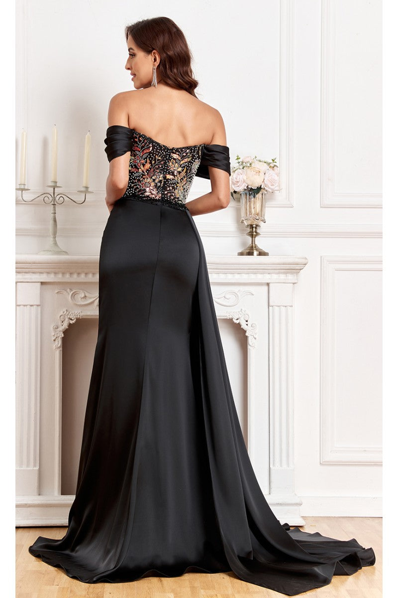 High Couture MJ1005 Fitted Prom Long Formal Beaded Slit Evening Gown