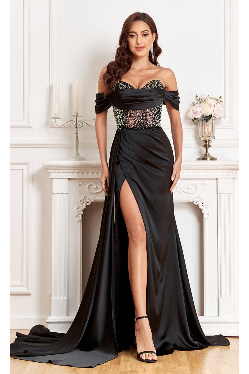 Prom Dresses Fitted Prom Long Formal Beaded Slit Evening Gown Black