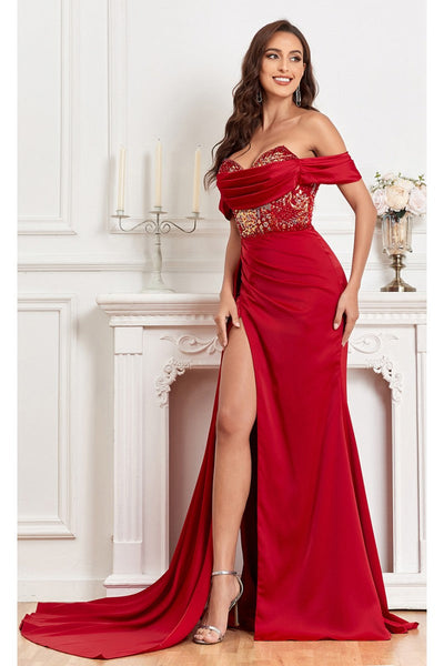 Prom Dresses Fitted Prom Long Formal Beaded Slit Evening Gown Maroon