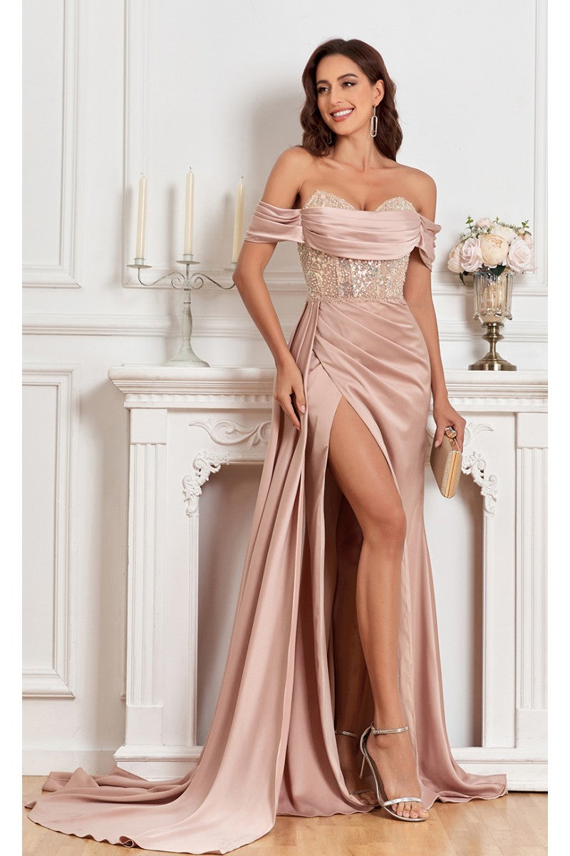 High Couture MJ1005 Fitted Prom Long Formal Beaded Slit Evening Gown