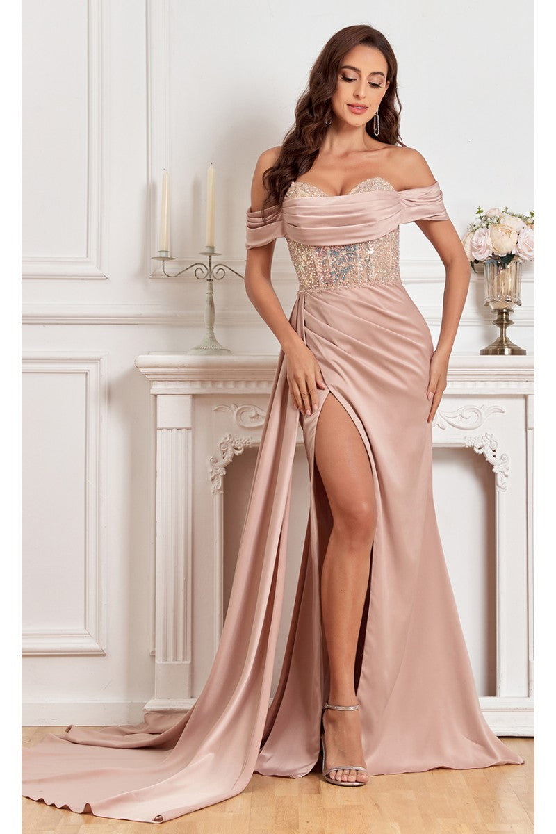 Prom Dresses Fitted Prom Long Formal Beaded Slit Evening Gown Champagne