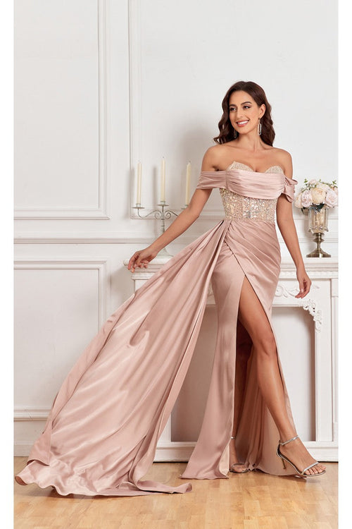 High Couture MJ1005 Fitted Prom Long Formal Beaded Slit Evening Gown