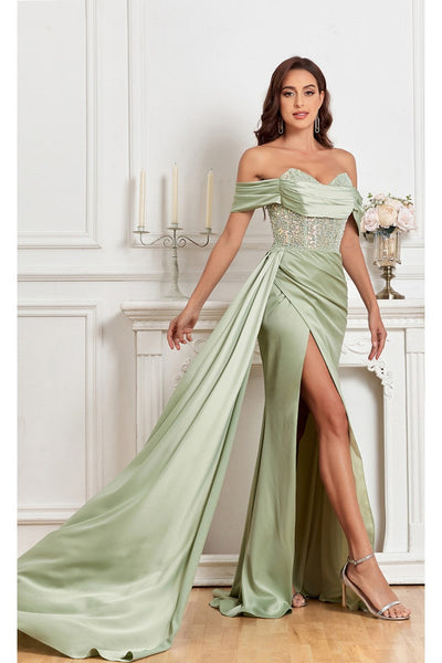 High Couture MJ1005 Fitted Prom Long Formal Beaded Slit Evening Gown