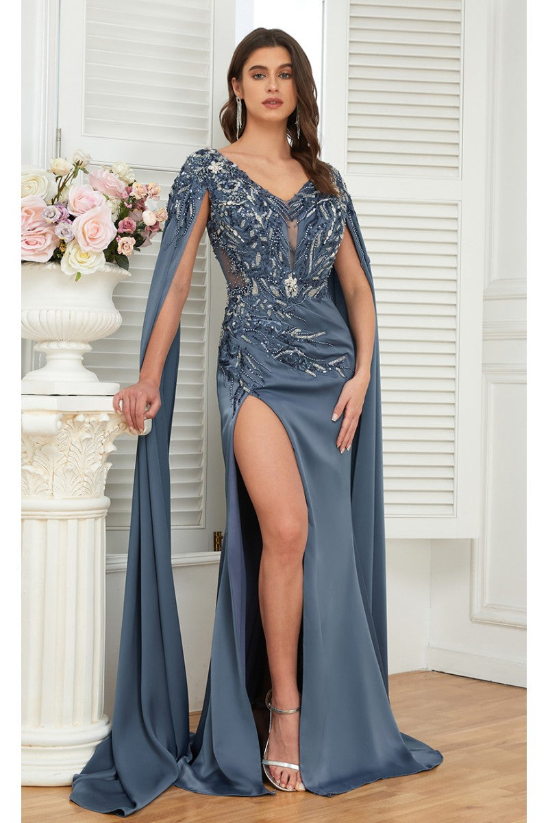 Formal Dresses Long Formal Beaded Slit Evening Dress Blue