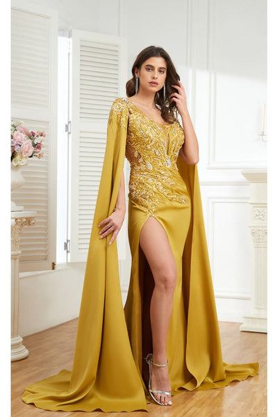 Formal Dresses Long Formal Beaded Slit Evening Dress Mustard