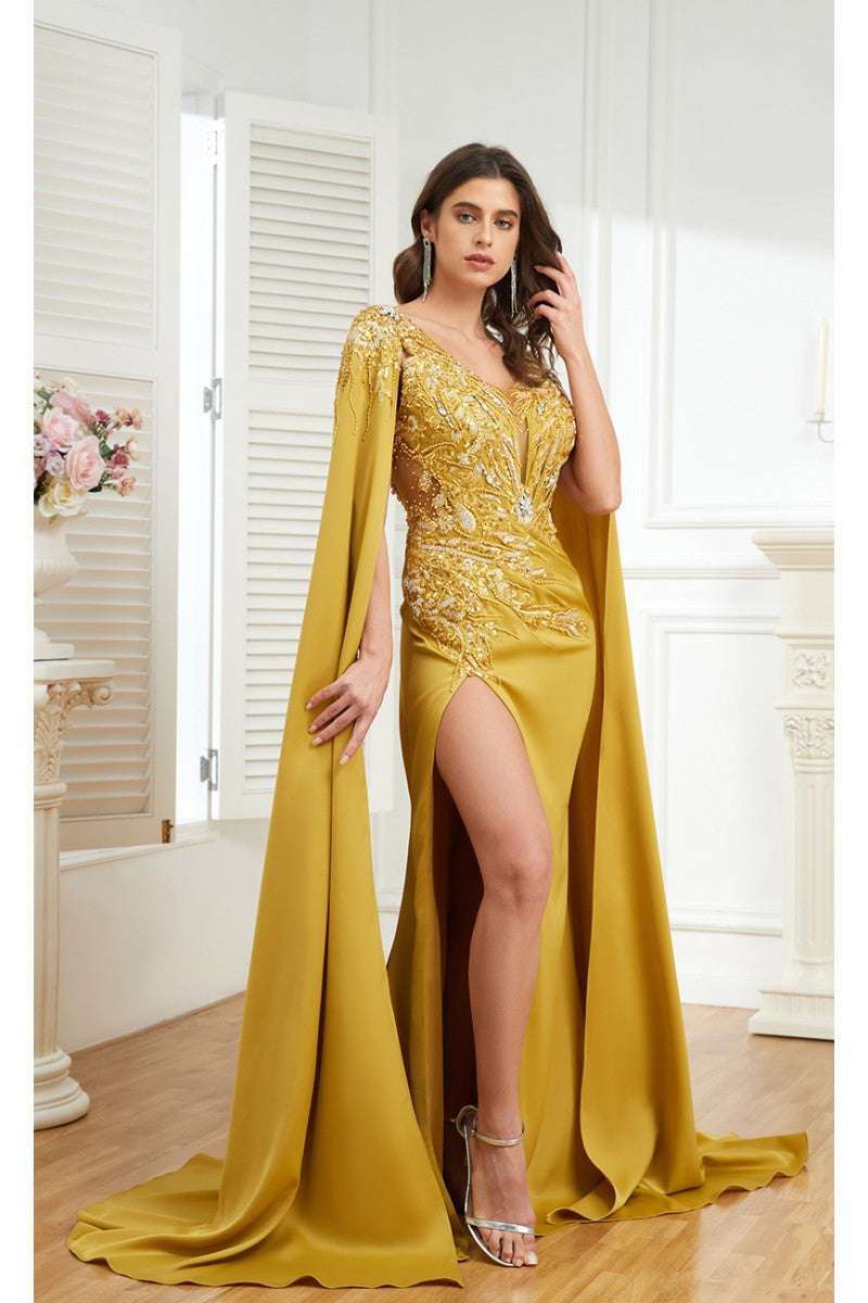 Formal Dresses Long Formal Beaded Slit Evening Dress Mustard