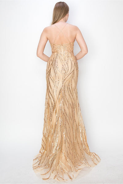 High Couture MJ1010 Long Formal Fitted Slit Sequin Evening Dress