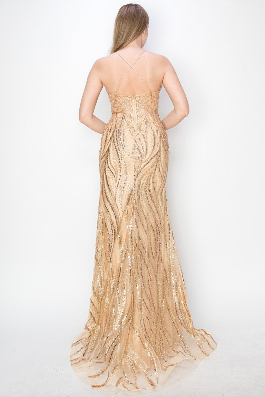 High Couture MJ1010 Long Formal Fitted Slit Sequin Evening Dress