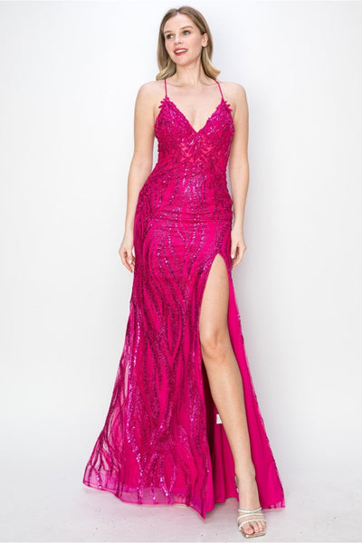 High Couture MJ1010 Long Formal Fitted Slit Sequin Evening Dress