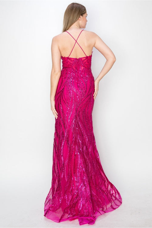 High Couture MJ1010 Long Formal Fitted Slit Sequin Evening Dress