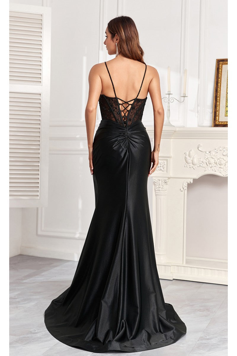 High Couture MJ1013 Pleated Long Formal Slit Corset Prom Gown
