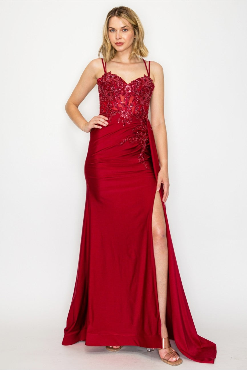 Prom Dresses Prom Long Corset Slit Fitted Formal Dress Burgundy