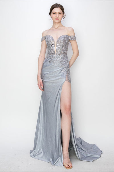 Prom Dresses Prom Long Formal Glitter Applique Dress Silver