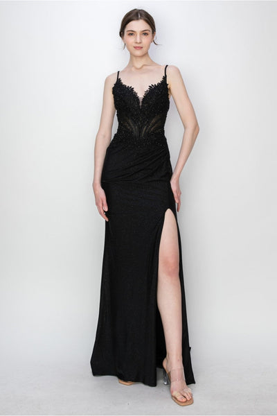 Prom Dresses Long Formal Fitted Corset Slit Evening Prom Gown Black