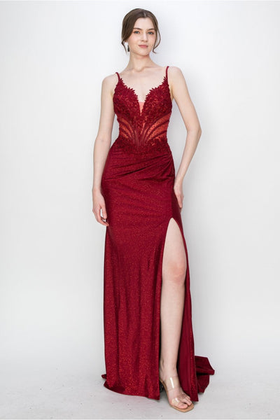 Prom Dresses Long Formal Fitted Corset Slit Evening Prom Gown Maroon