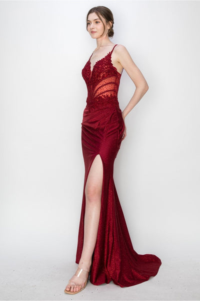 High Couture MJ1019 Long Formal Fitted Corset Slit Evening Prom Gown