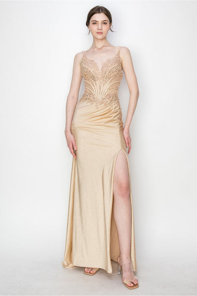 Prom Dresses Long Formal Fitted Corset Slit Evening Prom Gown Champagne