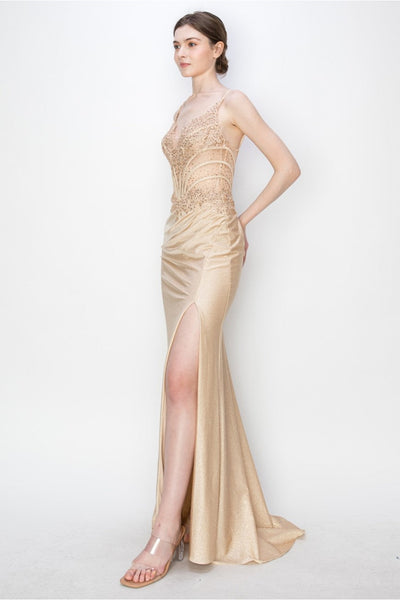 High Couture MJ1019 Long Formal Fitted Corset Slit Evening Prom Gown