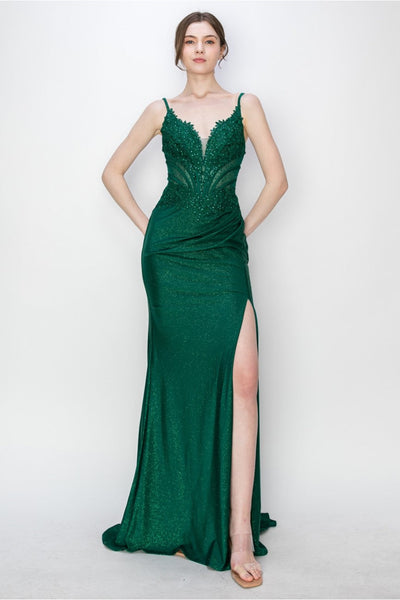 Prom Dresses Long Formal Fitted Corset Slit Evening Prom Gown Emerald