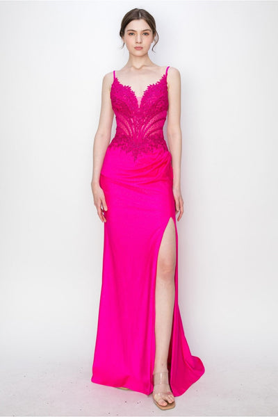 Prom Dresses Long Formal Fitted Corset Slit Evening Prom Gown Magenta