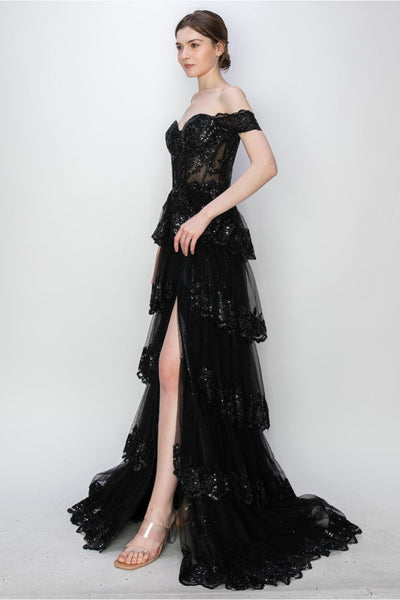 High Couture MJ1020 Long Ball Gown Formal Tiered Prom Dress