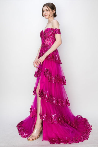 High Couture MJ1020 Long Ball Gown Formal Tiered Prom Dress