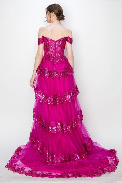 High Couture MJ1020 Long Ball Gown Formal Tiered Prom Dress