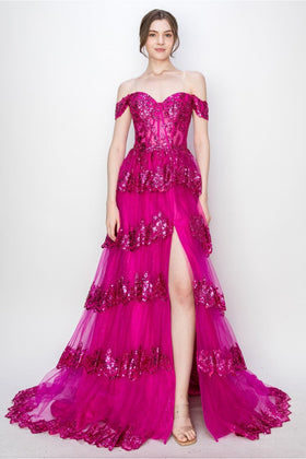 High Couture MJ1020 Long Ball Gown Formal Tiered Prom Dress