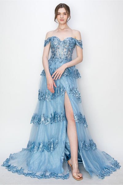 High Couture MJ1020 Long Ball Gown Formal Tiered Prom Dress