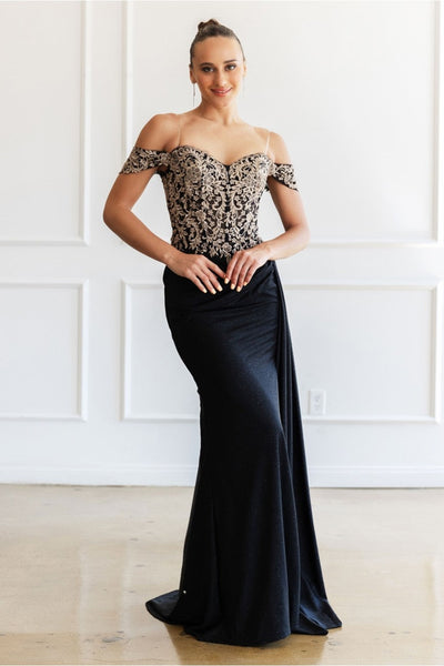 Prom Dresses Glitter Long Formal Lace Applique Prom Dress Black