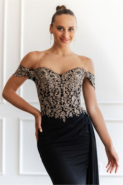 High Couture MJ1021 Glitter Long Formal Lace Applique Prom Dress