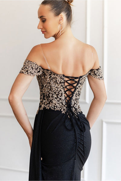 High Couture MJ1021 Glitter Long Formal Lace Applique Prom Dress