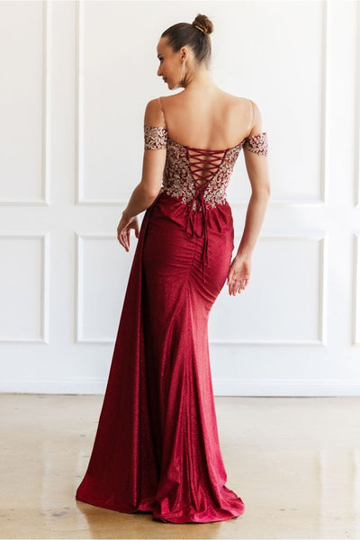 High Couture MJ1021 Glitter Long Formal Lace Applique Prom Dress