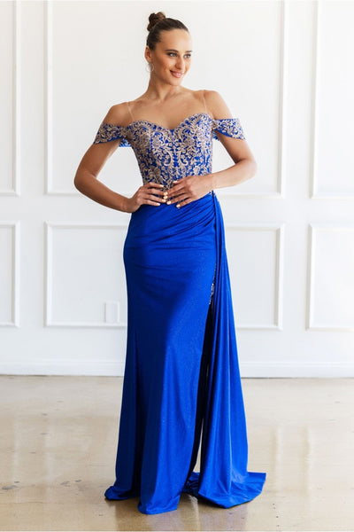 Prom Dresses Glitter Long Formal Lace Applique Prom Dress Royal