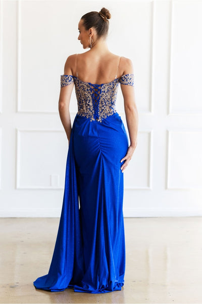 High Couture MJ1021 Glitter Long Formal Lace Applique Prom Dress