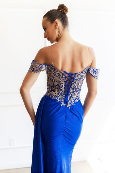 High Couture MJ1021 Glitter Long Formal Lace Applique Prom Dress